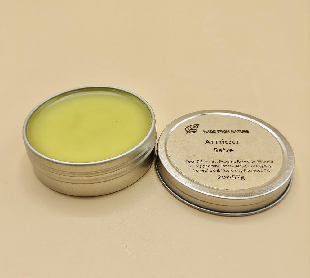 Arnica salve is the best option to topically reduce pain swelling, for bumps and bruises, sore muscles & joint pain. Packaged in 1oz or 2 oz aluminum tin