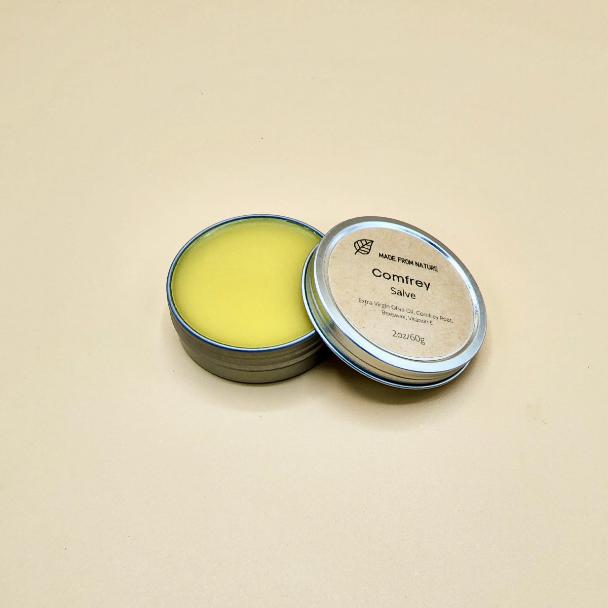 Natural Comfrey Balm in Eco friendly packaging for pulled muscles and ligaments, sprains, strains, and osteoarthritis.